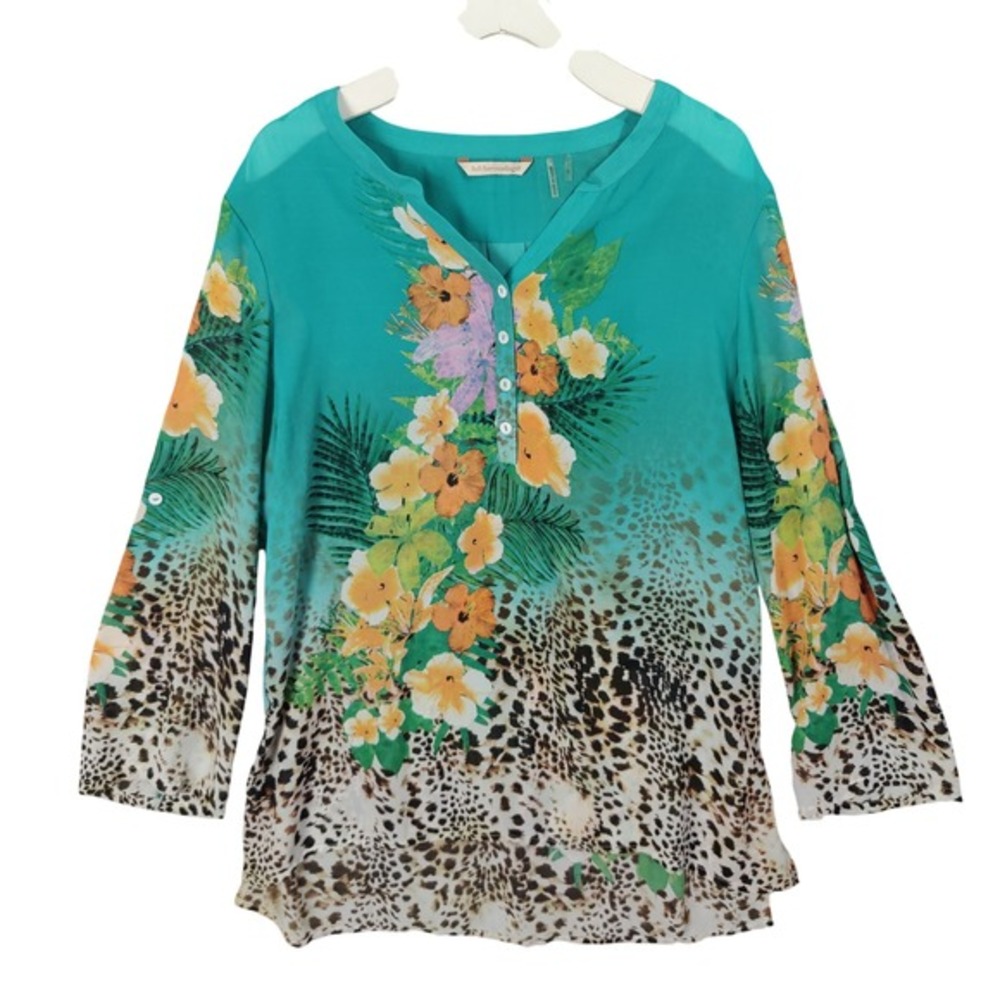 Soft Surroundings Womens Tropical Coastal Animal Blouse L Teal Floral Leopard